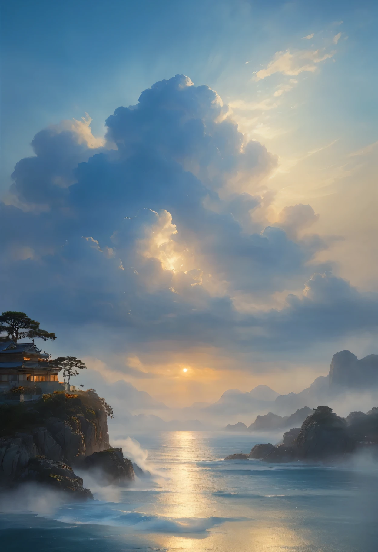 cloud,龍の形をしたcloud,Illuminated by the light of the setting sun ,Ultra-clear images,Background sea,Foggy atmosphere,On-air lighting,薄いcloud,Smooth lines,Light blue and white shades,A serene and majestic sight,Amazing details,Artistic interpretation,Painting Style,masterpiece:1.2