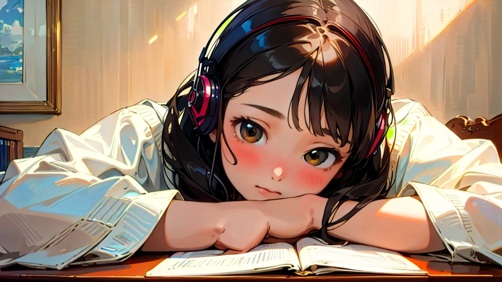 (Highest quality, masterpiece, Ultra-realistic), Beautiful and delicate15Year-old girl portrait, With a calm and gentle expression, The background scene shows me studying at my desk in my room at home.。While listening to music with headphones、studying。