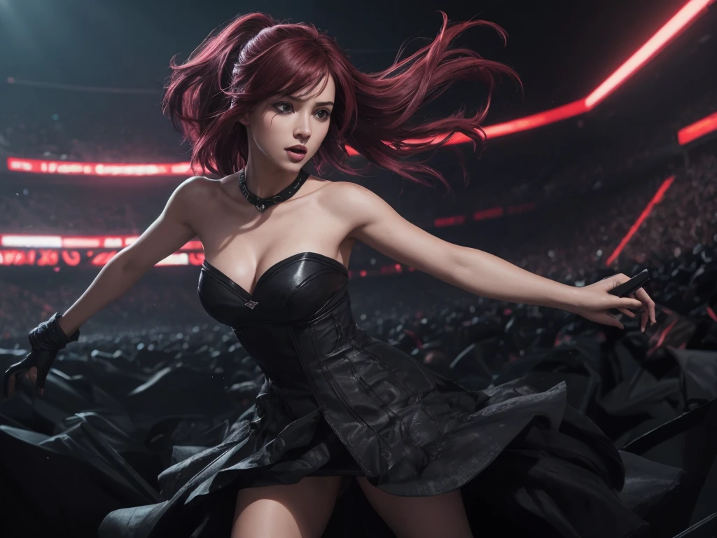 splash art, riot games, original art, 1 women, 4k, singing, ((low pov)), low shot, low angle, ((dynamic angle)), ((visual effect)), ultra realistic, ((dark)),  dark environment with neon lighting, neon, big stadium concert venue, singer, rockstar, concert, beautiful lighting effect, sexy, (((seductive))), speed movement, magic, ultra detailed, red medium hair, sexy black dress, strapless tube top dress, beutiful pose, cinematic, action.