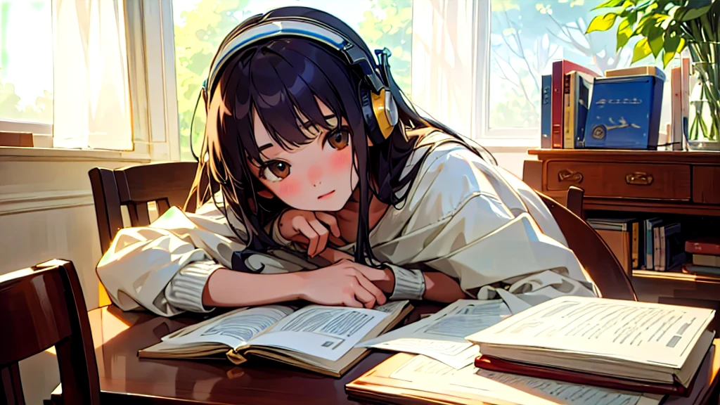 (Highest quality, masterpiece, Ultra-realistic), Beautiful and delicate１５Year-old girl portrait, With a calm and gentle expression, The background scene shows me studying at my desk in my room at home.。While listening to music with headphones、studying。