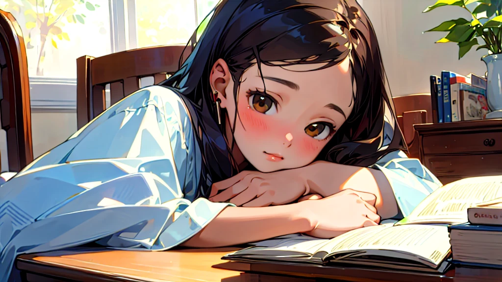(Highest quality, masterpiece, Ultra-realistic), Beautiful and delicate15Year-old girl portrait, With a calm and gentle expression, The background scene shows me studying at my desk in my room at home.。While listening to music with headphones、studying。
