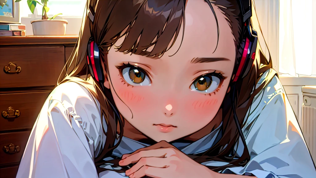(Highest quality, masterpiece, Ultra-realistic), Beautiful and delicate１５Year-old girl portrait, With a calm and gentle expression, The background scene shows me studying at my desk in my room at home.。While listening to music with headphones、studying。