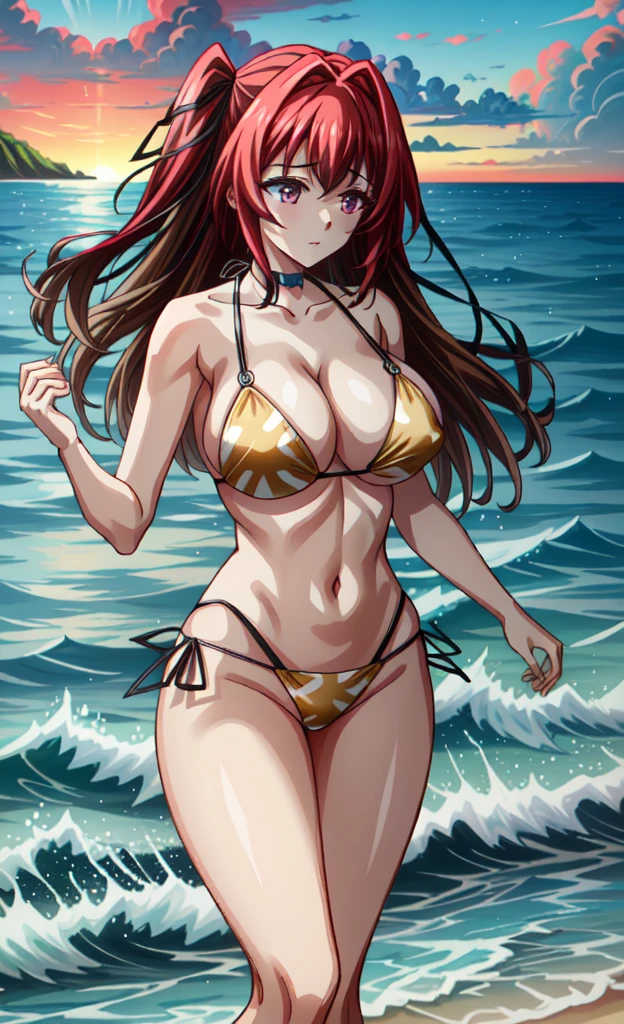 (Fondo de pantalla CG unity 4k extremadamente detallado),(Obra maestra),(mejor calidad),(ultra detallado),(mejor ilustración),(mejor sombra),(absurdos),(antecedentes detallados), Mio Naruse, (1girl), (), ((sensual pose)), (()), In the golden twilight of a summer evening, the beach was immersed in an almost magical calm. There, amidst the warm sand and waves whispering secrets as they retreated, she stood out as a spectacle of singular beauty. Her hair, fiery red like flames, gently swayed with the sea breeze, catching golden highlights that played with the last rays of the sun. Her eyes, a captivating blend of deep reds and subtle pink tones, shimmered with a serenity that invited one to get lost in them like the ocean at sunset. Every gesture of hers was a poem in motion, every step a dance with the orange light reflected on the sea. In that idyllic setting, her presence was a symphony of grace and charm, a gift for the senses in the tranquility of the beach evening.