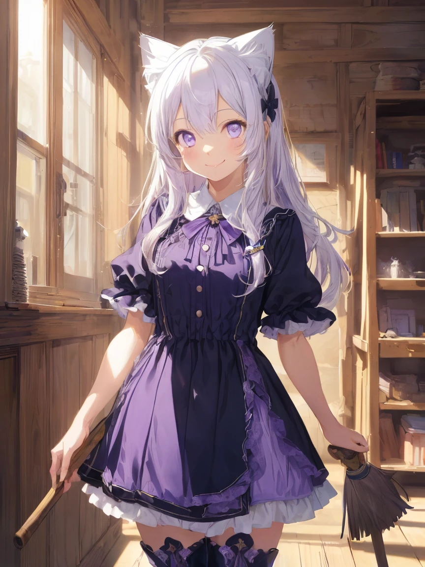 (((masterpiece))), (((Highest quality))), ((Very detailed)), ((Very detailedなイラスト)), ((Ultra-fine painting)), (16K Highest quality wallpaper:1.4), (詳細で精巧なイラストstyle,:1.8) Detailed skin texture, High quality fabric, , (T-masterpiece), (Very detailedな顔:1.4), original, RAW Photos, Professional, Intricate details, Very detailed, Direct sunlight:1.6, ,(Cowboy Shot:1.9)、(Perfect Anatomy:1.4), (Extremely elaborate hands:1.2), (Very elaborate fingers:1.2), (Very elaborate fingers先:1.2),, (alone:1.6), (beautiful and adorable cat ears:1.6), (Intricate and delicate cat ears:1.4), (beautiful, Shiny white hair:1.6), (Very fine and delicate white hair:1.4),, (Very detailedな顔:1.4),(Light purple eyes:1.4),(smile:1.4),masterpiece,1 Girl,alone,crimson_style_Costumes, May_Costumes, witch_Have,brooch, boots,broom,Holding_broom,Are standing,~ side,Bust Shot,witch,smile