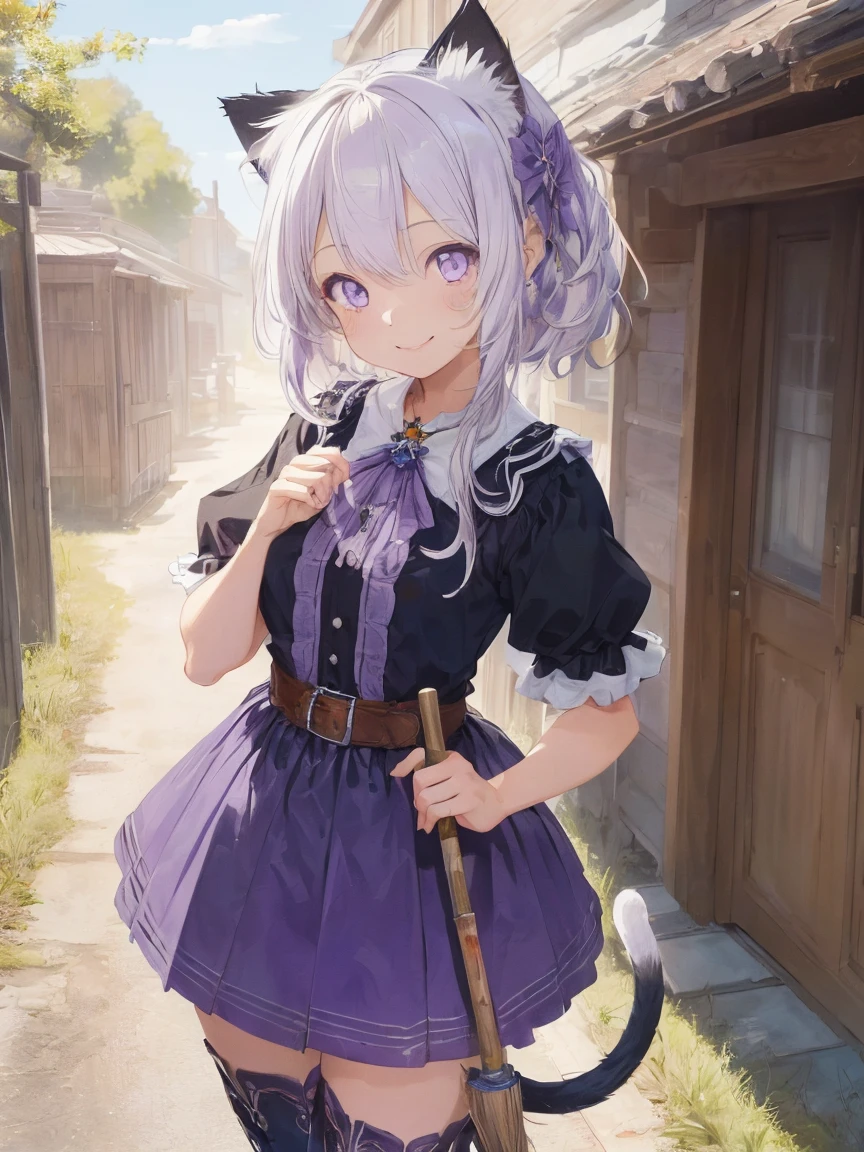 (((masterpiece))), (((Highest quality))), ((Very detailed)), ((Very detailedなイラスト)), ((Ultra-fine painting)), (16K Highest quality wallpaper:1.4), (詳細で精巧なイラストstyle,:1.8) Detailed skin texture, High quality fabric, , (T-masterpiece), (Very detailedな顔:1.4), original, RAW Photos, Professional, Intricate details, Very detailed, Direct sunlight:1.6, ,(Cowboy Shot:1.9)、(Perfect Anatomy:1.4), (Extremely elaborate hands:1.2), (Very elaborate fingers:1.2), (Very elaborate fingers先:1.2),, (alone:1.6), (beautiful and adorable cat ears:1.6), (Intricate and delicate cat ears:1.4), (beautiful, Shiny white hair:1.6), (Very fine and delicate white hair:1.4),, (Very detailedな顔:1.4),(Light purple eyes:1.4),(smile:1.4),masterpiece,1 Girl,alone,crimson_style_Costumes, May_Costumes, witch_Have,brooch, boots,broom,Holding_broom,Are standing,~ side,Bust Shot,witch,smile
