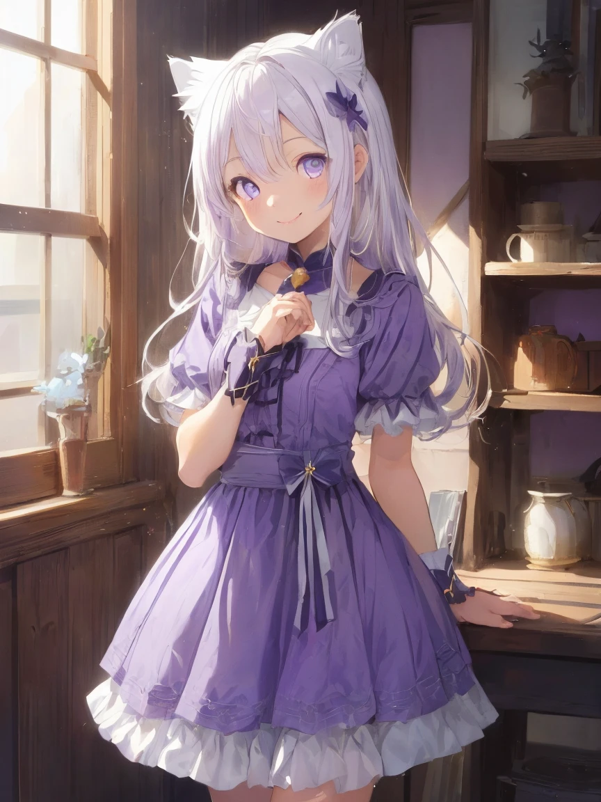 (((masterpiece))), (((Highest quality))), ((Very detailed)), ((Very detailedなイラスト)), ((Ultra-fine painting)), (16K Highest quality wallpaper:1.4), (詳細で精巧なイラストstyle,:1.8) Detailed skin texture, High quality fabric, , (T-masterpiece), (Very detailedな顔:1.4), original, RAW Photos, Professional, Intricate details, Very detailed, Direct sunlight:1.6, ,(Cowboy Shot:1.9)、(Perfect Anatomy:1.4), (Extremely elaborate hands:1.2), (Very elaborate fingers:1.2), (Very elaborate fingers先:1.2),, (alone:1.6), (beautiful and adorable cat ears:1.6), (Intricate and delicate cat ears:1.4), (beautiful, Shiny white hair:1.6), (Very fine and delicate white hair:1.4),, (Very detailedな顔:1.4),(Light purple eyes:1.4),(smile:1.4),masterpiece,1 Girl,alone,crimson_style_Costumes, May_Costumes, witch_Have,brooch, boots,broom,Holding_broom,Are standing,~ side,Bust Shot,witch,smile