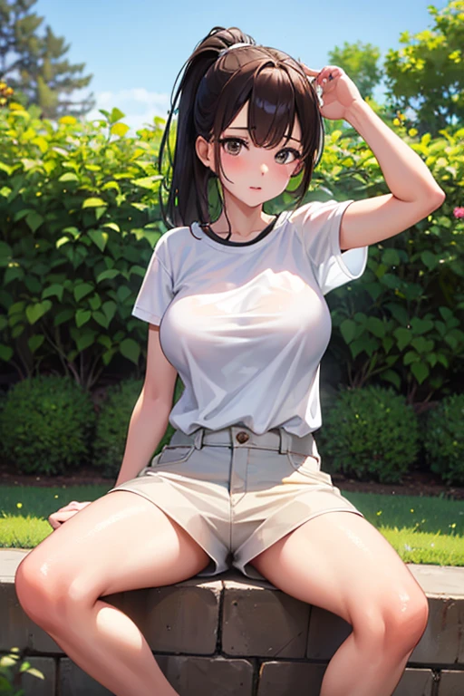 Best quality, masterpiece, 1girl, white skin, brown hair, ponytail hair, big breasts, sitting on the ground, garden background, wear white t shirt, wear black short, barefoot, cool face,