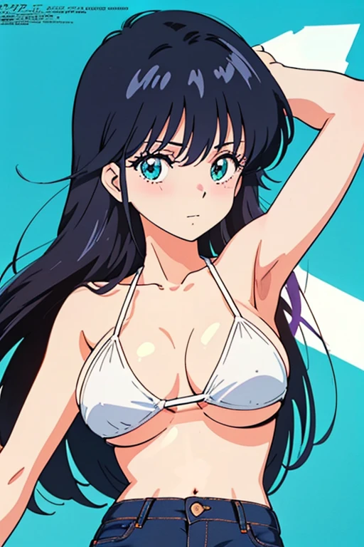(masutepiece, Best Quality, High resolution:1.5, anime colours, megami magazine:1.2, anime poster style, anime keyvisual, sharp, 8k, photorealistic), (beautiful detailed eyes:1.5, beautiful detailed face:1.2), madoka ayukawa, 1girl, blush, (black hair, Long Hair), (sagging large breasts, underboob), (white bikini), (denim short), upper body, (Perfect detailed Anatomy, beautiful detailed hair, beautiful detailed body:1.2, shiny skin), (thick outline, Beautiful outlines, black outlines), simple background