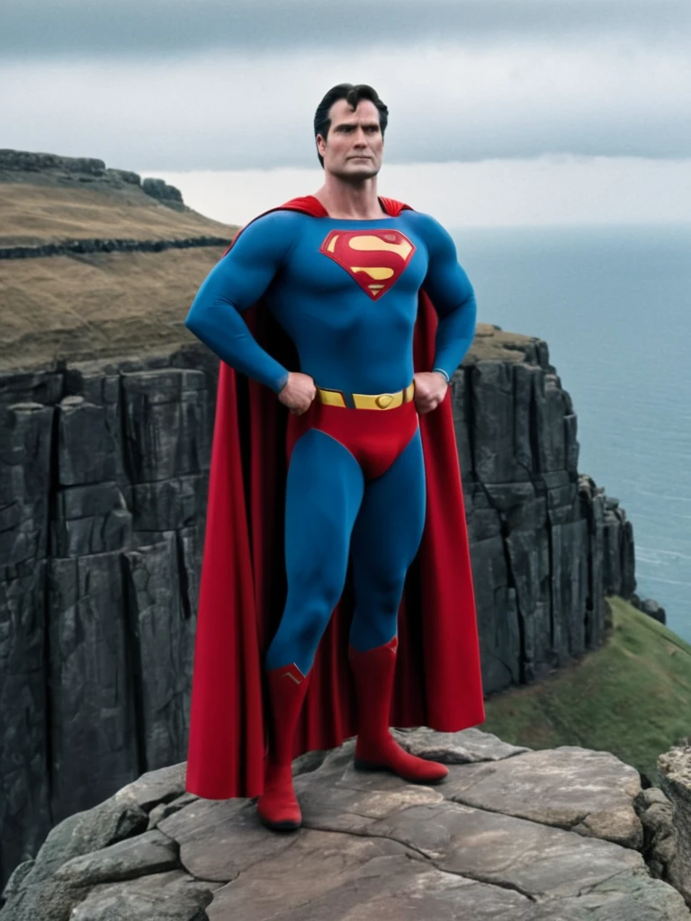 Cold, cloudy sky, middle-aged Superman, with broad shoulders and chest, no abs, bulging crotch, thick arms and thighs, standing on a cliff