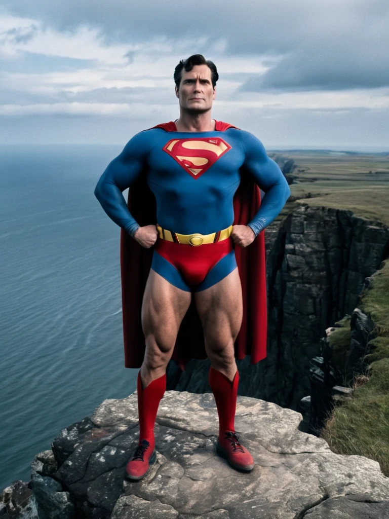 Cold, cloudy sky, middle-aged Superman, with broad shoulders and chest, no abs, bulging crotch, thick arms and thighs, standing on a cliff