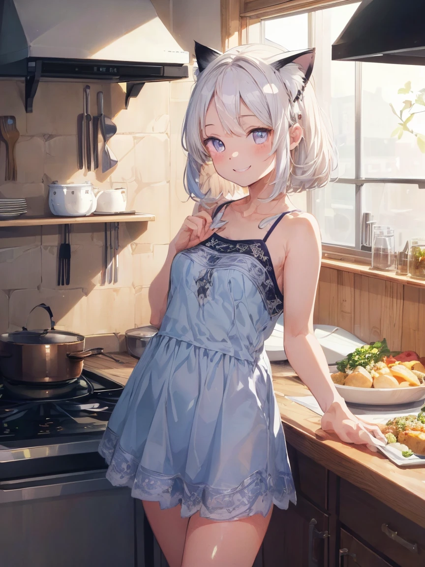 (((masterpiece))), (((Highest quality))), ((Very detailed)), ((Very detailedなイラスト)), ((Ultra-fine painting)), (16K Highest quality wallpaper:1.4), (Detailed and elaborate illustration style,:1.8) Detailed skin texture, High quality fabric, , (T-masterpiece), (Very detailedな顔:1.4), original, RAW Photos, Professional, Intricate details, Very detailed, Direct sunlight:1.6, ,(Cowboy Shot:1.9)、(Perfect Anatomy:1.4), (Extremely elaborate hands:1.2), (Very elaborate fingers:1.2), (Very elaborate fingers先:1.2),, (alone:1.6), (beautiful and adorable cat ears:1.6), (Intricate and delicate cat ears:1.4), (beautiful, Shiny white hair:1.6), (Very fine and delicate white hair:1.4),, (Very detailedな顔:1.4),(Light purple eyes:1.4),(smile:1.4),Highest quality、Tabletop、8K、Pastel Tones、Blonde、length(Forehead out:1.2)、Very length hair、Backward view、Light blue camisole dress、mini skirt、Background((kitchen:1.4)、Rotated、Dynamic Styles、smile、Ready-to-eat dishes、In the middle of a meal