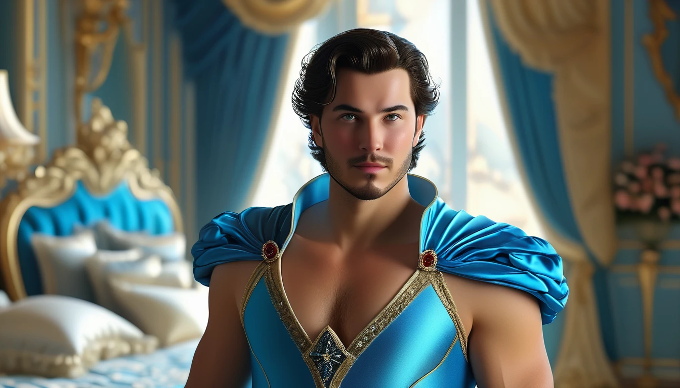 unreal engine, octane render, (((caucasian brunet guy, (male guyish head, male face features, male face, surprized gaze), short flat top guyish hair))) as woman hourglass figure, cinderella adult sexy princess bride, hourglass feminine slender body, long graceful neck, (thin waist|slim waist:1.3), ((large breast, cleavage)), (wide hips|rounded thighs:1.2), in sky blue translucent petticoat sexy princess wedding ballgown, masterpiece, uhd 8k, ultrarealistic detailed photo, in bedroom