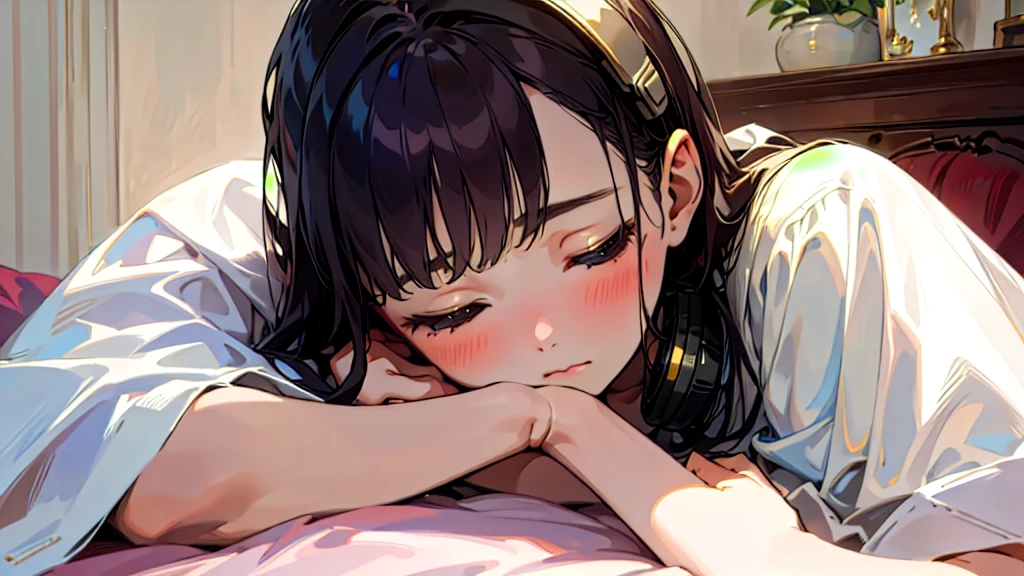 (Highest quality, masterpiece, Ultra-realistic), Beautiful and delicate１５Year-old girl portrait, With a calm and gentle expression, The background is the bedroom at home.。While listening to music with headphones、Sleeping。