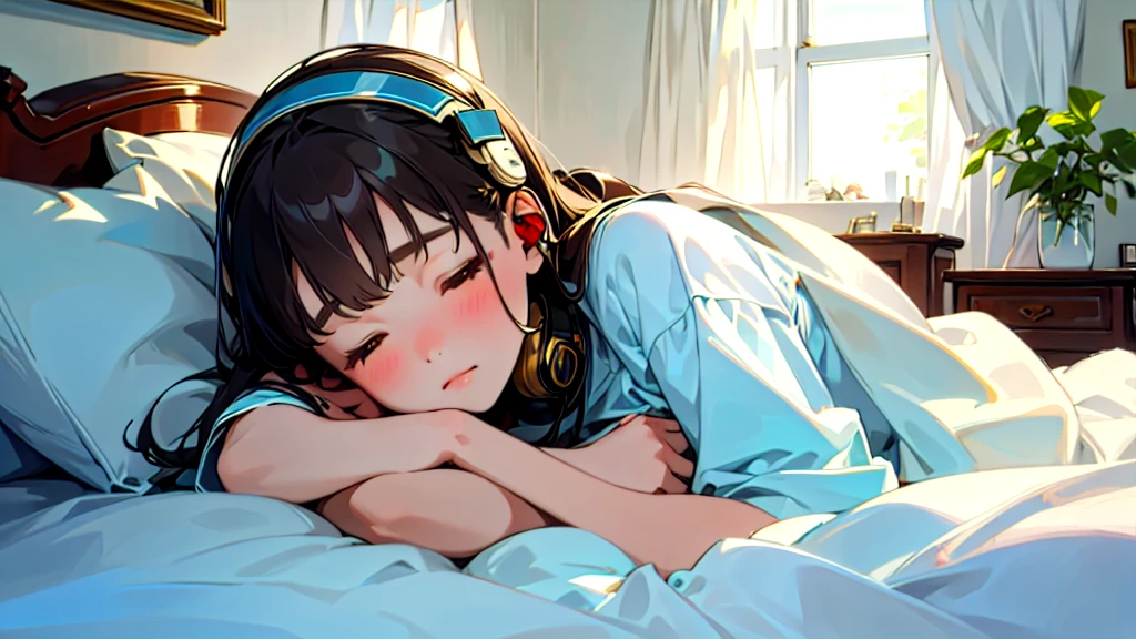 (Highest quality, masterpiece, Ultra-realistic), Beautiful and delicate１５Year-old girl portrait, With a calm and gentle expression, The background is the bedroom at home.。While listening to music with headphones、Sleeping。
