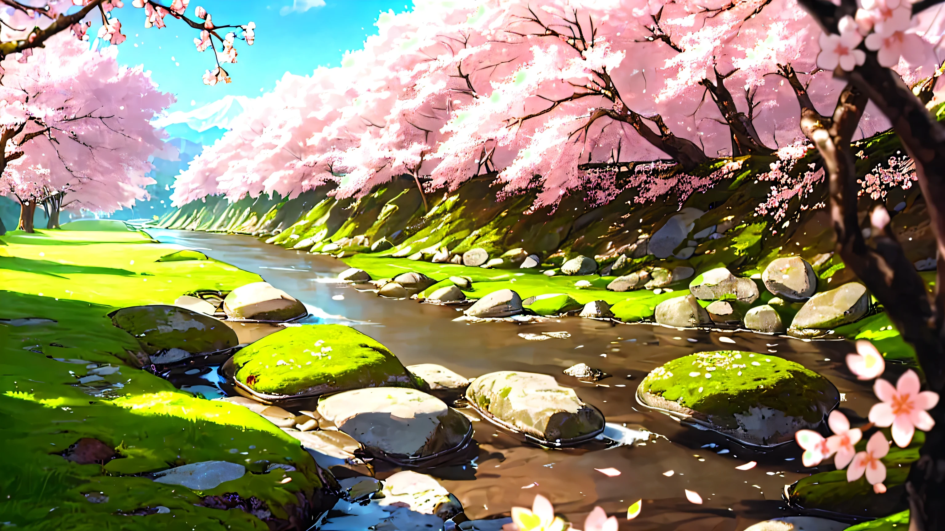 japanese cherry blossoms, (high quality), river with edges of green grass, rocks with moss