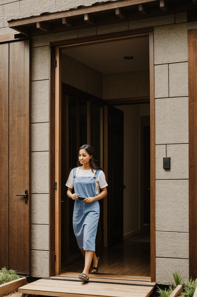 A young woman entering her house after work