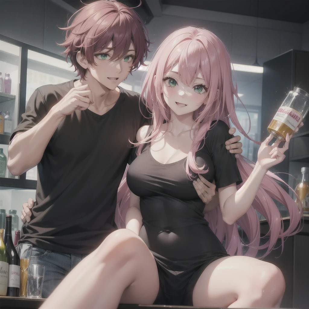 close up , sexy young man, pink hair. Her face is tilted slightly to the left and she looks radiant and happy, green eyes wide open and glowing with excitement. She is looking intently at a glass bottle full capsules of drugs , with emphasis on the capsules, which she holds in her hands. black t-shirt, suitable for adults.