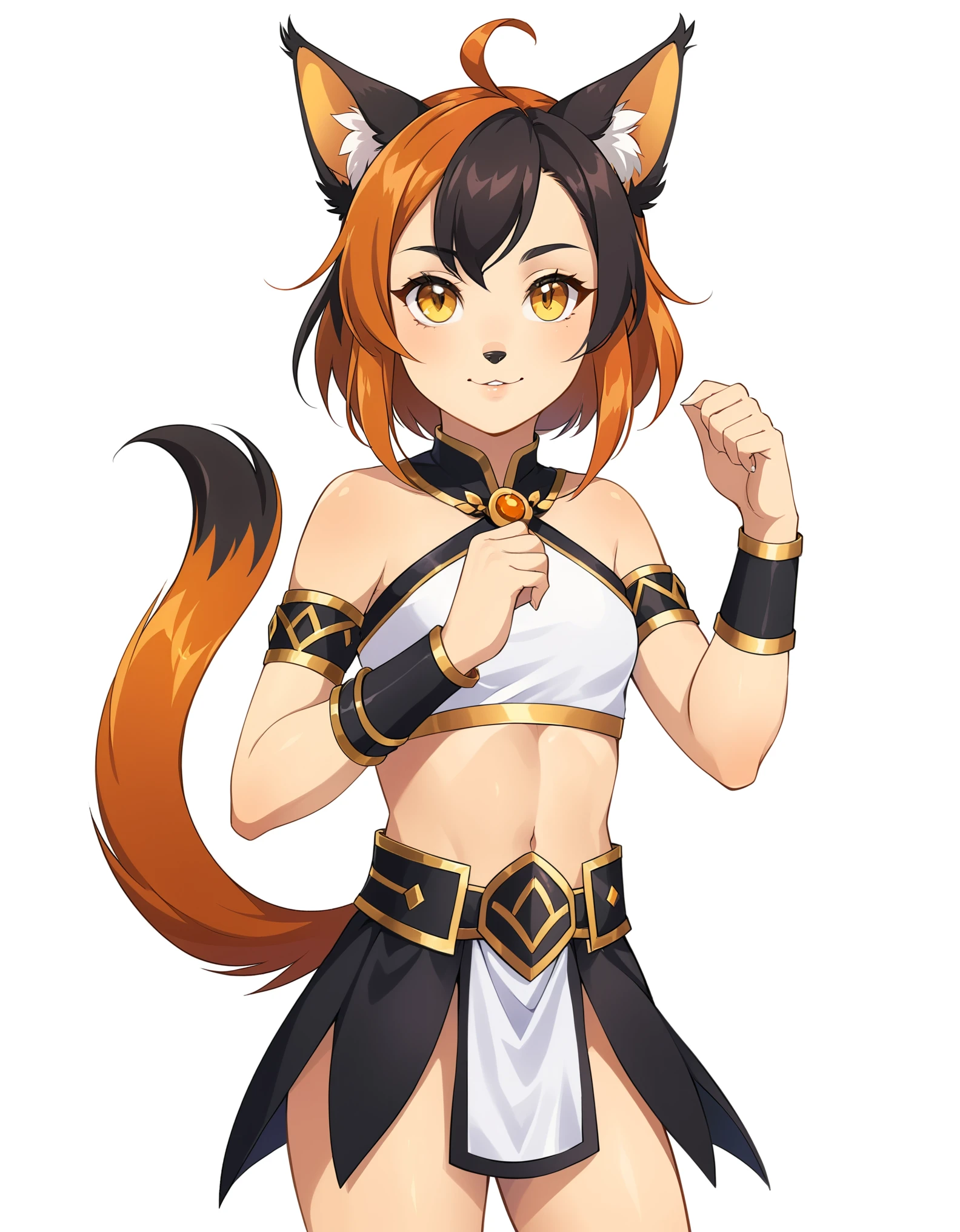 core_9, score_8_up, solo, BREAK, female ,  wilykit, girl, solo, brown hair, two-tone hair, multicolored hair, armlet, yellow eyes,  paw pose,  black hair, orange hair, animal ears, flat chest, white background, 