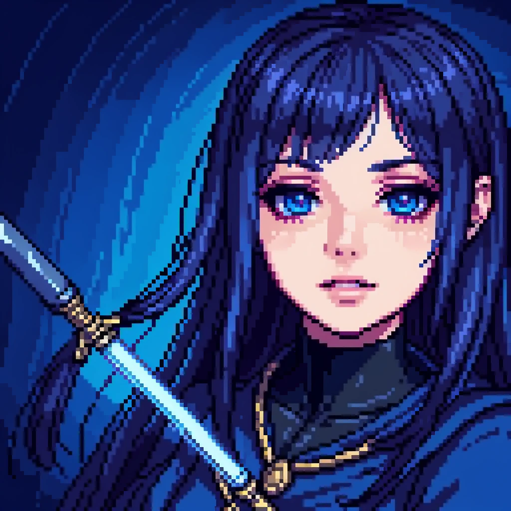 A dark girl with a blue cape and a shiny sword, pixel art style, junji ito style, detailed face, beautiful eyes, detailed lips, blood, 8k, 4k, (masterpiece:1.2), ultra-detailed, realistic, vivid colors, studio lighting, physically-based rendering