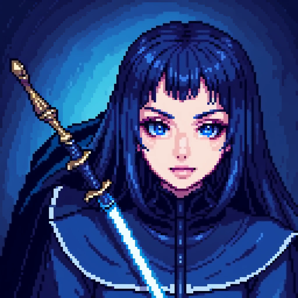 A dark girl with a blue cape and a shiny sword, pixel art style, junji ito style, detailed face, beautiful eyes, detailed lips, blood, 8k, 4k, (masterpiece:1.2), ultra-detailed, realistic, vivid colors, studio lighting, physically-based rendering