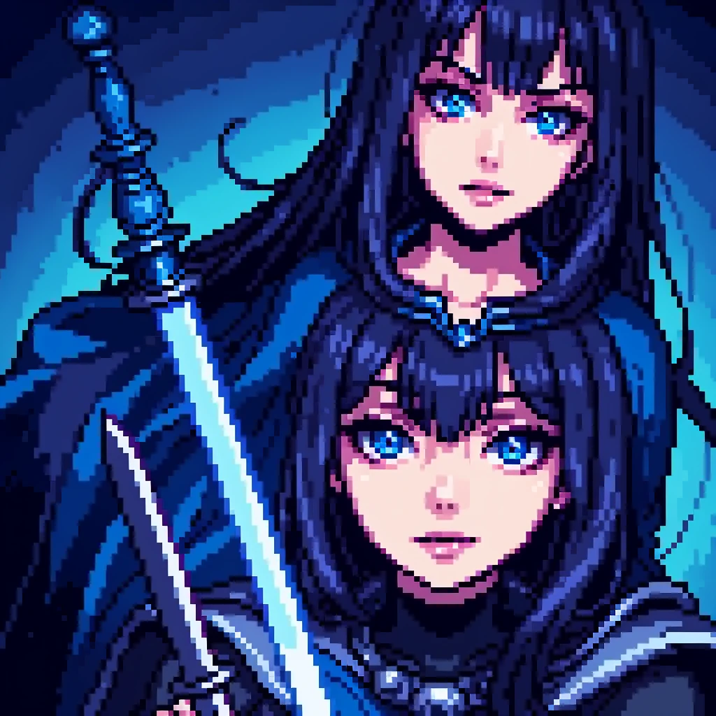 A dark girl with a blue cape and a shiny sword, pixel art style, junji ito style, detailed face, beautiful eyes, detailed lips, blood, 8k, 4k, (masterpiece:1.2), ultra-detailed, realistic, vivid colors, studio lighting, physically-based rendering