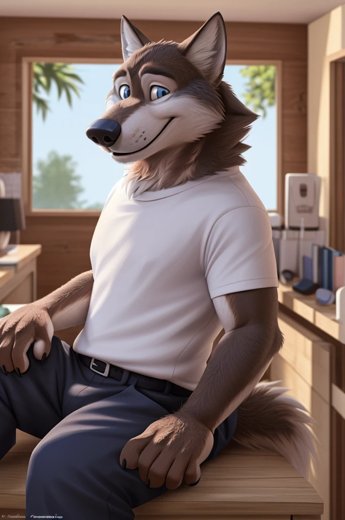 Larry (Zveropolis), wolf, Gray Fur, (brown body:1.3), beautiful blue eyes, Zveropolis, dressed, t-shirt,trousers,thick-soled sandals, observant,wolf, detailed fur, male, second, paw pads, finger claws, viewer, 5 fingers, paws, 4 toes,holding sandals, 
BREAK from nextel, for dating, by xenoforge, (difficult, high detail,digital photography, soft focus, RAW, close to the camera, smile, positive, Good, mood, Houses, смотрит на viewer, очень close to the camera, in the shop,his wedding, marriage palace combination, 
Photorealism, realistic, photorealistic,digital style, Subsurface scattering,очень close to the camera кольцо на пальце руки, is sitting, 
masterpiece, Best quality, ultra realistic, 8 thousand.)