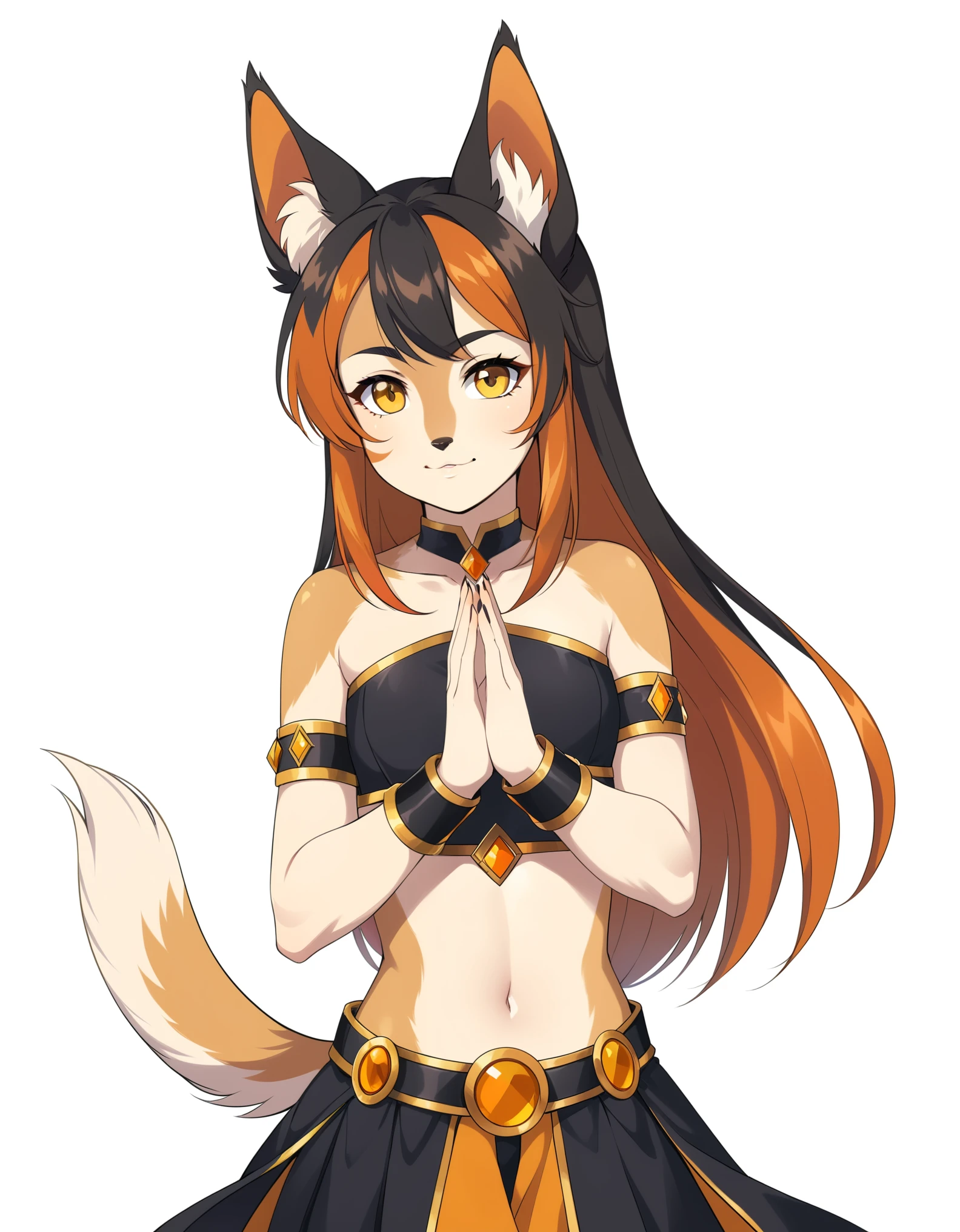 core_9, score_8_up, solo, BREAK, female ,  wilykit, girl, solo, brown hair, two-tone hair, multicolored hair, armlet, yellow eyes,  paw pose,  black hair, orange hair, animal ears, flat chest, white background, 