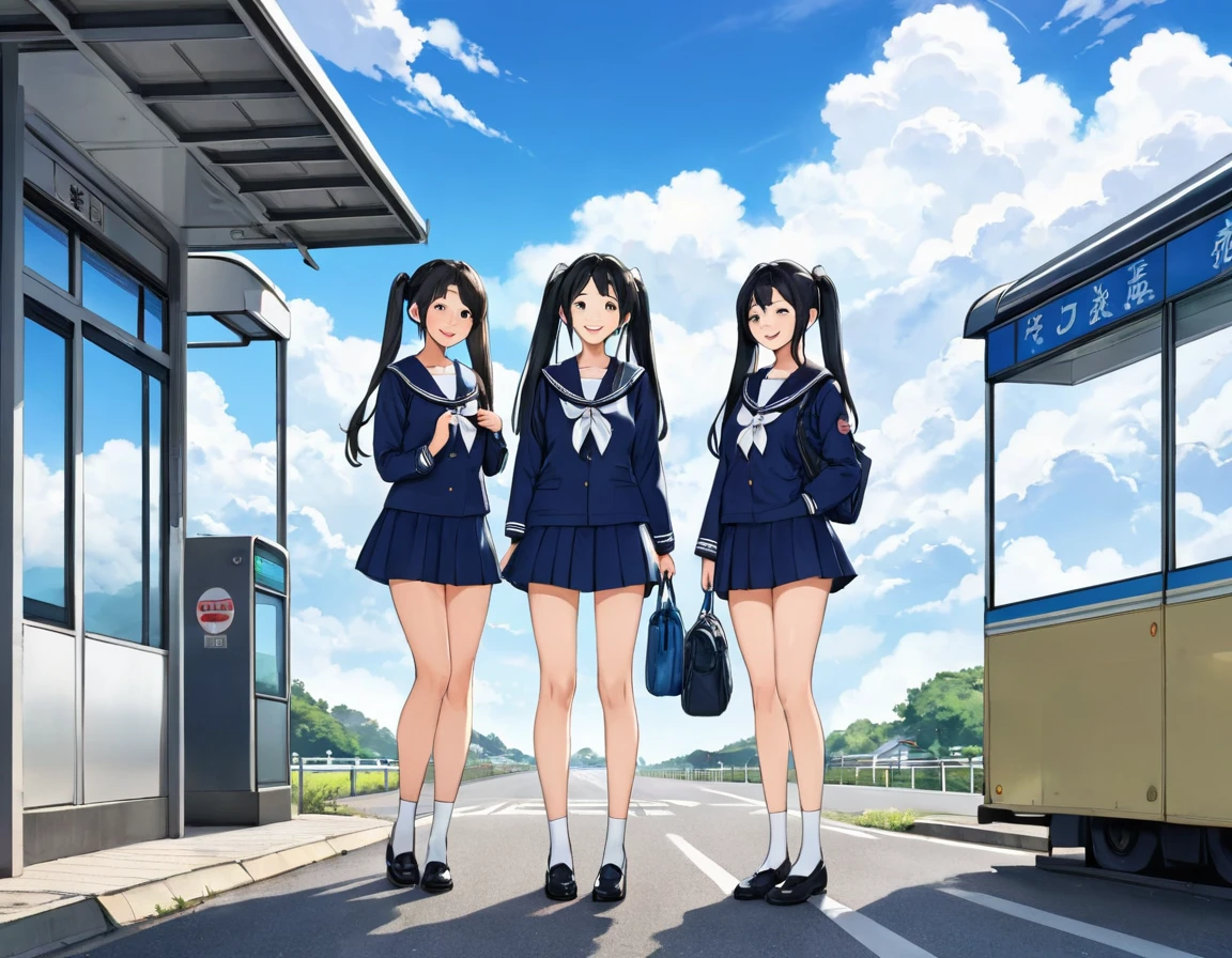 Black long hair、Two beautiful girls with twin tails、Sailor suit、Bright smile、Full Body View、Old rural idyll、Waiting for the bus at an old-style bus stop、I can see the bus、White clouds in blue sky、Face Highlights