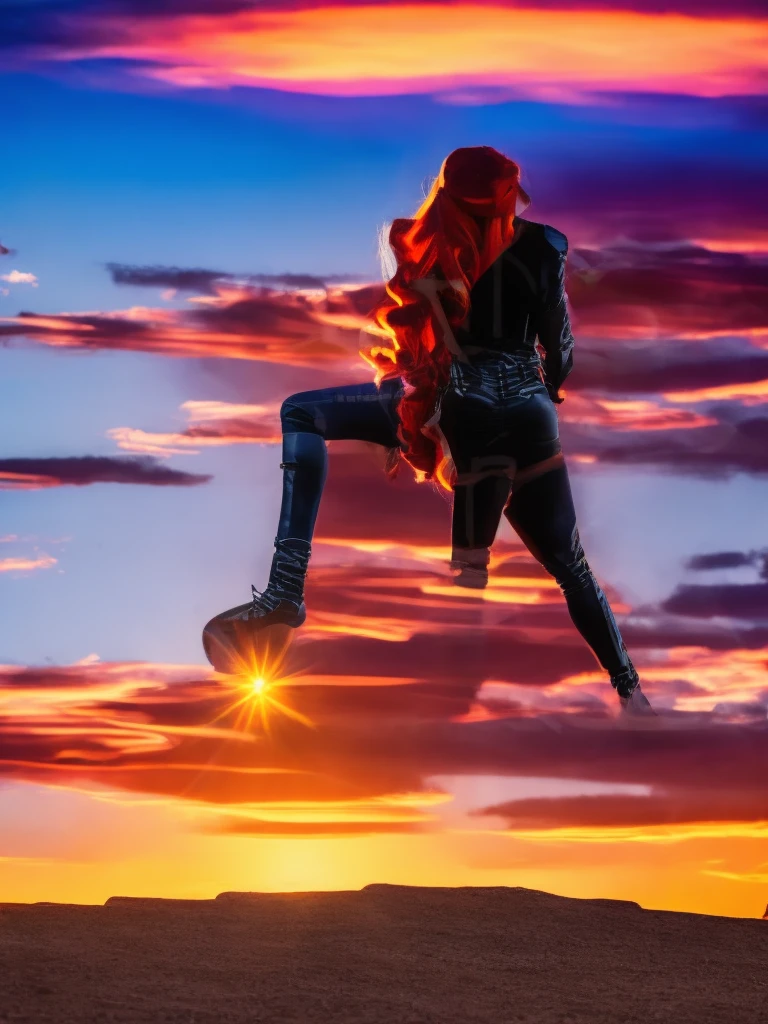 a beautiful woman with sunset shimmer hair, detailed facial features, striking purple eyes, delicate makeup, unzipped black leather jacket, purple shirt, blue jeans, red and white sneakers with white laces, standing in desert landscape of Tucson, Arizona, vibrant orange sunset sky, 8k, highly detailed, masterpiece, photorealistic, cinematic lighting, dramatic colors, detailed hands and feet