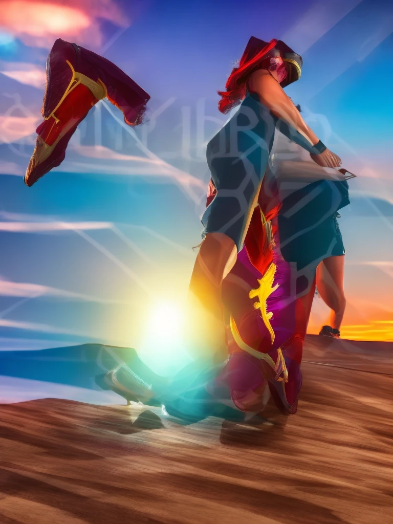 a beautiful woman with sunset shimmer hair, detailed facial features, striking purple eyes, delicate makeup, unzipped black leather jacket, purple shirt, blue jeans, red and white sneakers with white laces, standing in desert landscape of Tucson, Arizona, vibrant orange sunset sky, 8k, highly detailed, masterpiece, photorealistic, cinematic lighting, dramatic colors, detailed hands and feet