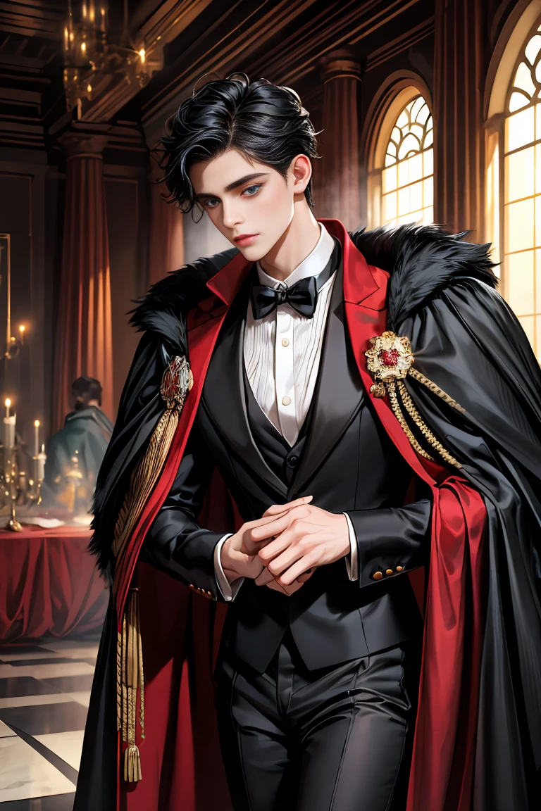 masterpiece, 最high quality, high quality, 1 boy, alone, Male focus, Watching the audience, Messy black hair, Adorable big blue eyes, White people, Noble, Noble,Sexy voluminous black and red cape、Tuxedo、A very voluminous, large, very large, very large, long, long red and black cape with a high stand-up collar, reaching down to the floor, made of a lot of fabric., 17 years old,Cute beautiful boys,Cute, cute, kind, handsome guy