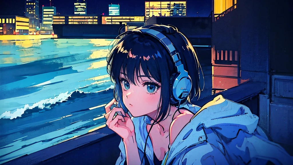 Black short Hair, One Adult Woman, Blue headphones、night, Delicate background、Masterpiece、Night Town、night、dark、Nostalgic、1980s, retro, seaside