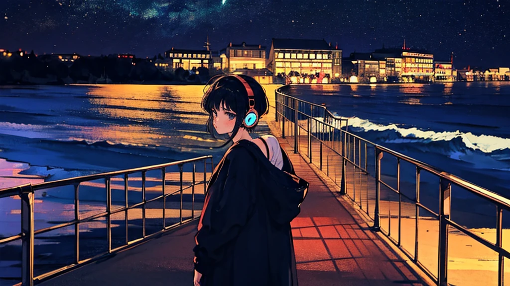 Black short Hair, One Adult Woman, Blue headphones、night, Delicate background、Masterpiece、Night Town、night、dark、Nostalgic、1980s, retro, seaside