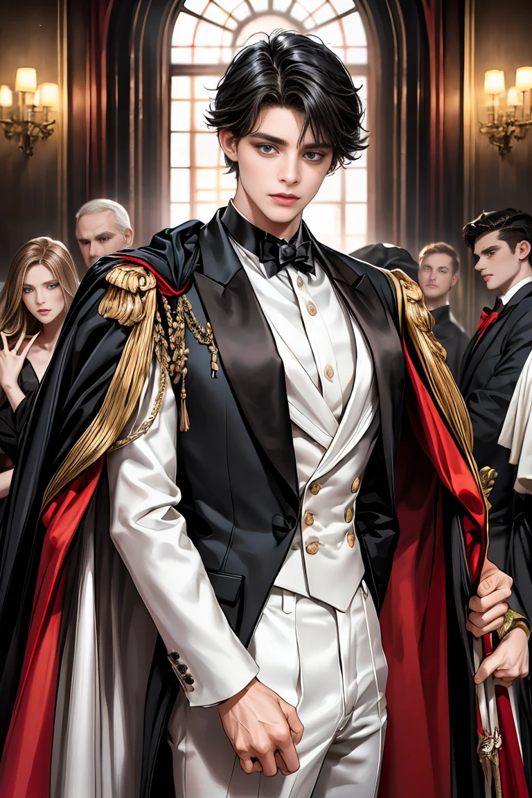 masterpiece, 最high quality, high quality, 1 boy, alone, Male focus, Watching the audience, Messy black hair, Adorable big blue eyes, White people, Noble, Noble,Sexy voluminous black and red cape、Tuxedo、A very voluminous, large, very large, very large, long, long red and black cape with a high stand-up collar, reaching down to the floor, made of a lot of fabric., ,Cute beautiful boys,Cute, cute, kind, handsome guy