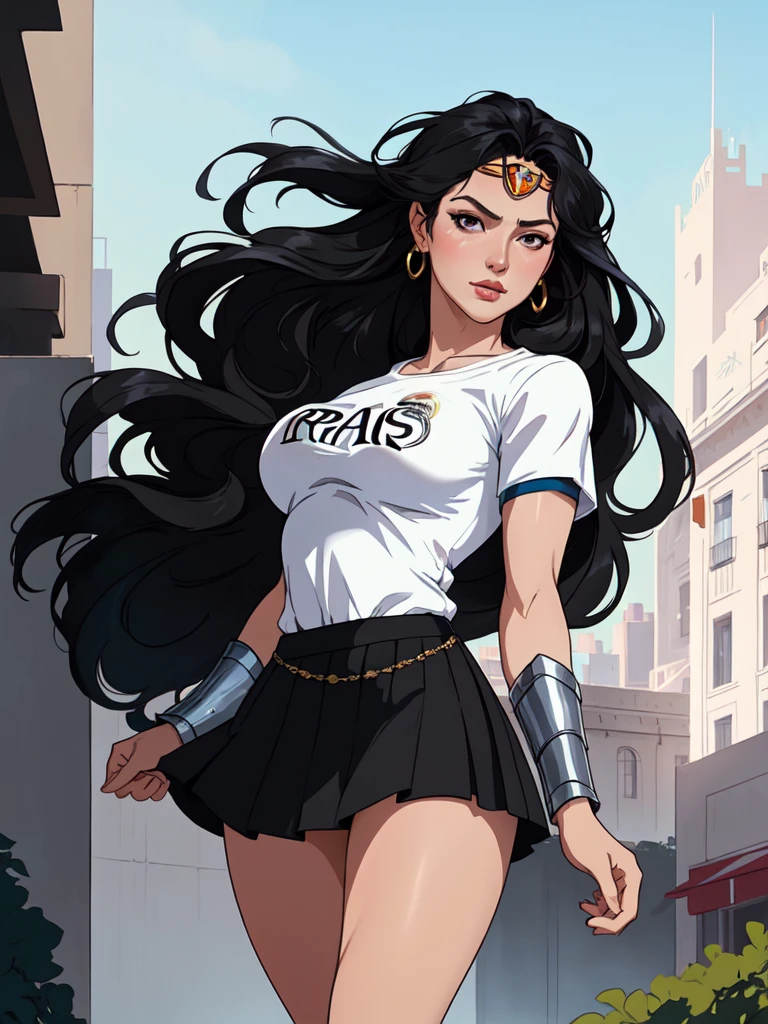 wonder woman, ((wearing a white Real Madrid tshirt)), (pretty face:1.2), (finely detailed face and beautiful eyes), mature female, muscle, bare hands, (armlet, skirt, bracer, head ring ), (black eyes, black long hair, messy hair, floating hair), ((white Real Madrid tshirt)), (long proportional legs), (best quality:1.1),(city background:1.2), dark_fantasy, wind, 35mm lens, f/1.4, 8K, ((masterpiece)), trending on Artstation, DeviantArt, Mucha, Rutkowski, artgerm