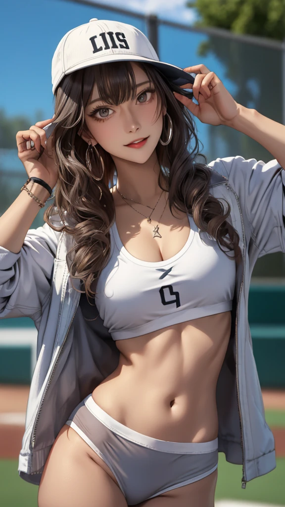 masterpiece, highest quality, pixiv, cool girl, the strongest sports girl, basketball, Popular Characters, baseball cap, Stylish sunglasses, Cute bra and panties, dark brown hair, curly hair, dull bangs, straight bangs, gray eyes, white skin, gal, Improve