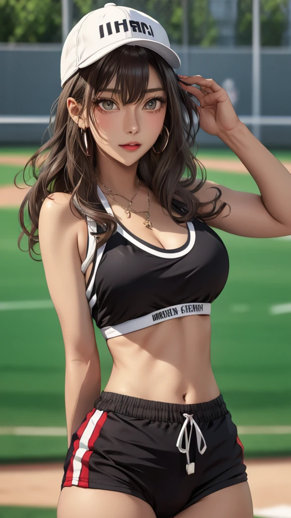 masterpiece, highest quality, pixiv, cool girl, the strongest sports girl, basketball, Popular Characters, baseball cap, Stylish sunglasses, Cute bra and panties, dark brown hair, curly hair, dull bangs, straight bangs, gray eyes, white skin, gal, Improve