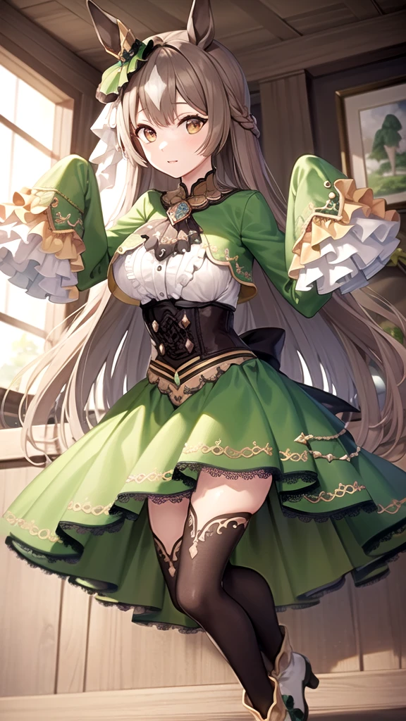 (masterpiece:1.2) , (best quality:1.2) , (ultra-detailed:1.2), 1girl, solo, satono diamond \(umamusume\),sleeves past wrists, sleeves past fingers, frilled sleeves, frills, long sleeves, corset, green dress, braid, ascot, green jacket, green skirt, black thighhighs, boots, white footwear