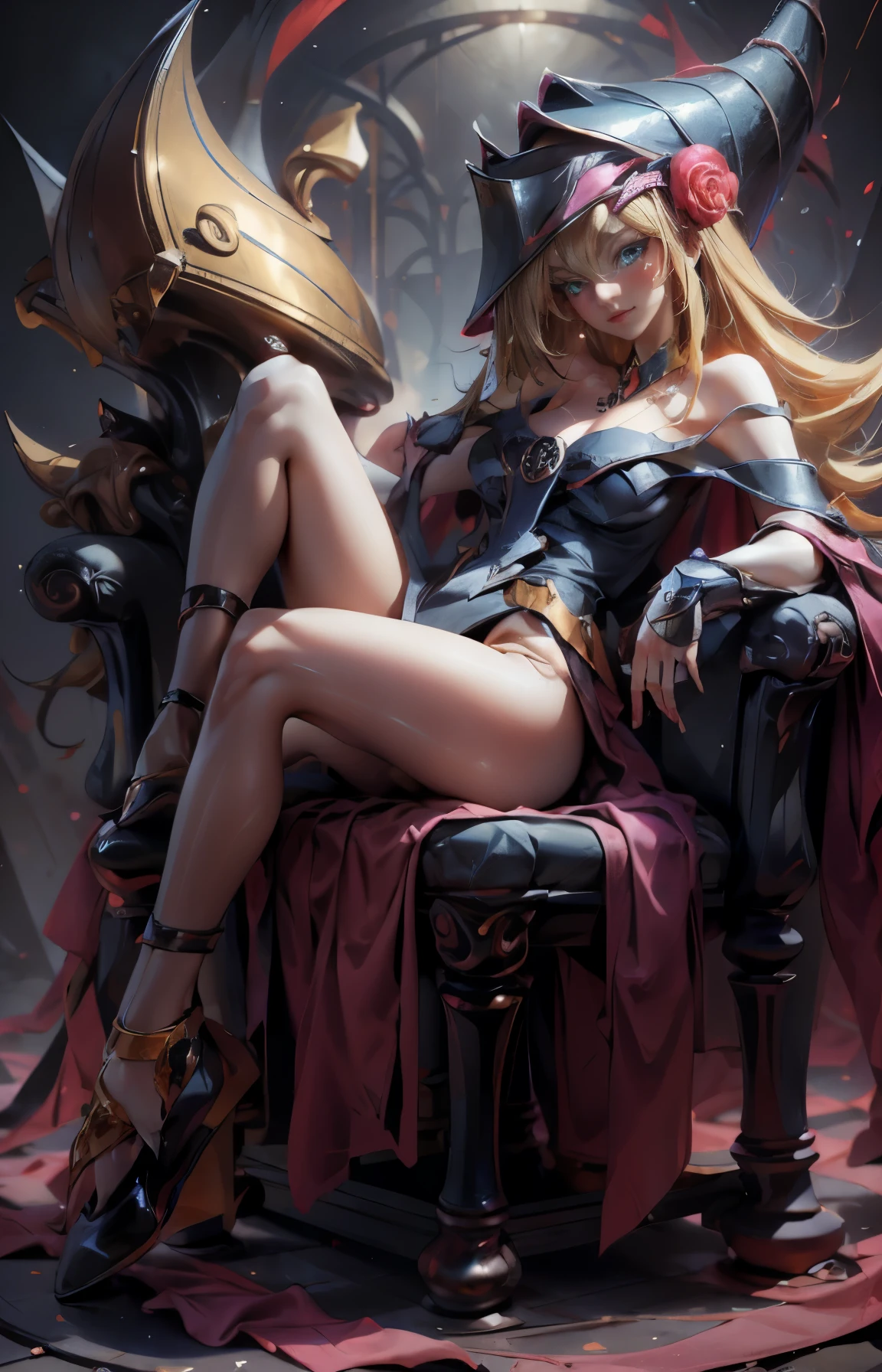 Dark magician gils with black gala dress. She wears red heels, has earrings. Wear necklaces.  Long blonde hair. blue eyes. Red lips. Sensual and subjective pose. She is sitting on a golden throne.