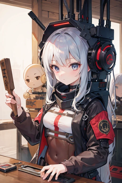 A wooden humanoid machine with a girl's face