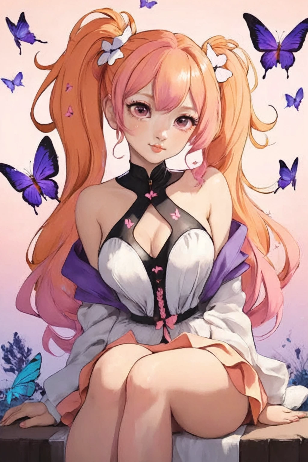 girl with pink and orange ombre pigtails with butterflies surounding