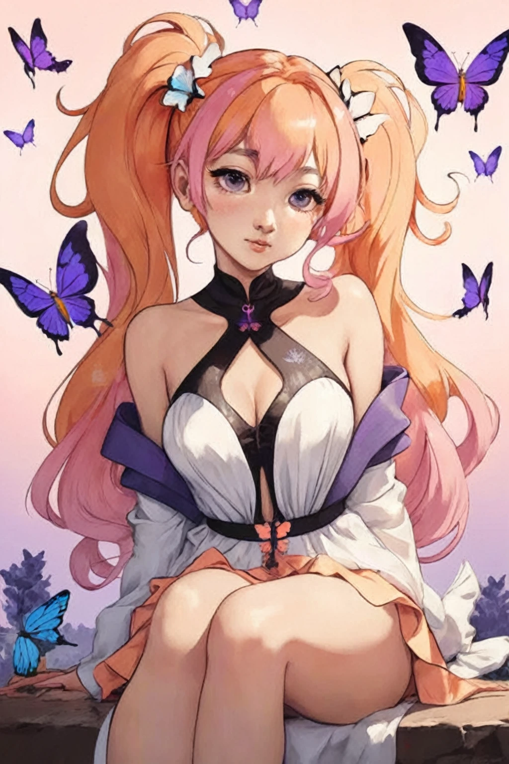 girl with pink and orange ombre pigtails with butterflies surounding