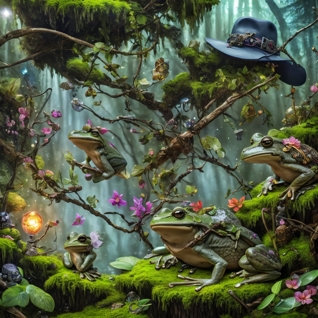 Frog, Skull, hat, smoking, biome made of moss, branches, flowers, gems, crystals, light, wind, energy, hope, ultra-high definition, Glossy, a fae captured on camera in his biome, watercolor drawing in art style, Large strokes, finished with in 8k, Fine lines, sketch art style, grayscale, monochrome,