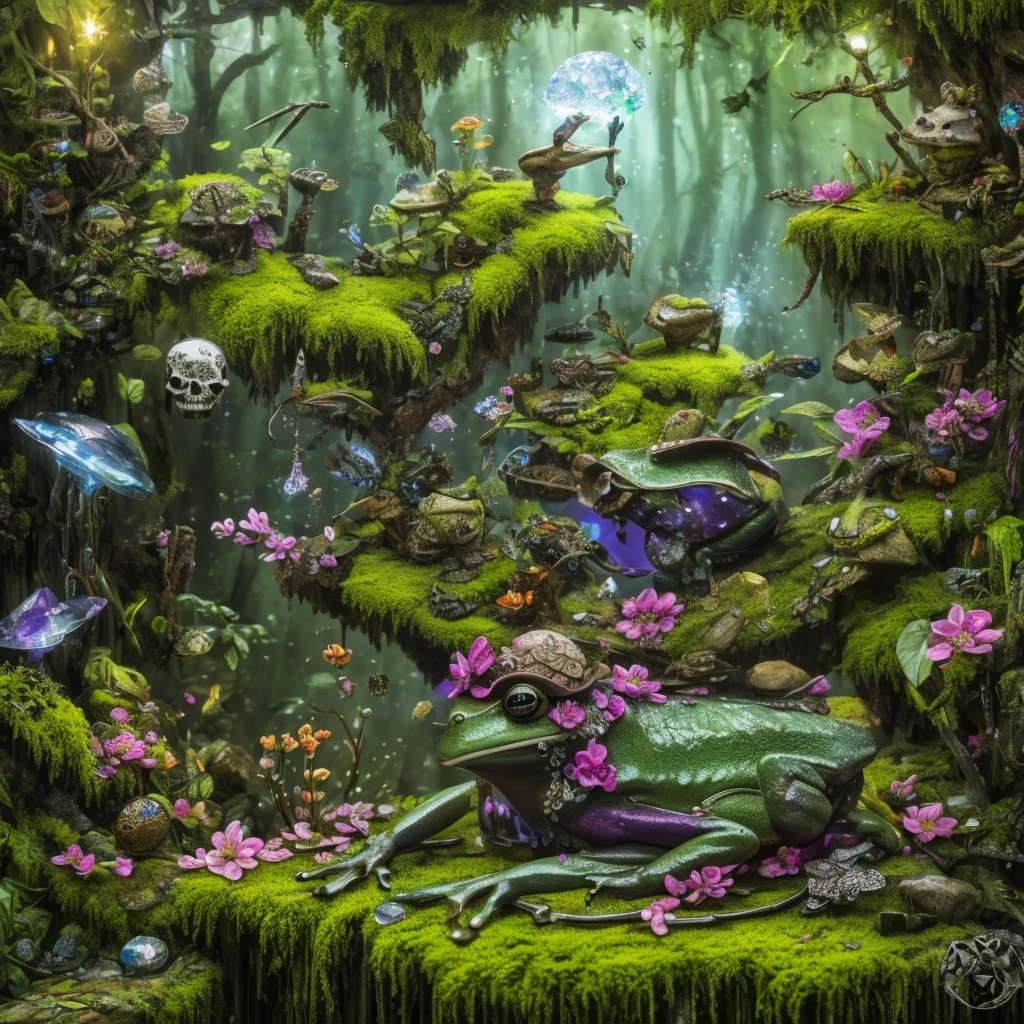  Frog, Skull, hat, smoking, biome made of moss, branches, flowers, gems, crystals, light, wind, energy, hope, ultra-high definition, Glossy, a fae captured on camera in his biome, watercolor drawing in art style, Large strokes, finished with in 8k, Fine lines, sketch art style, grayscale, monochrome,
