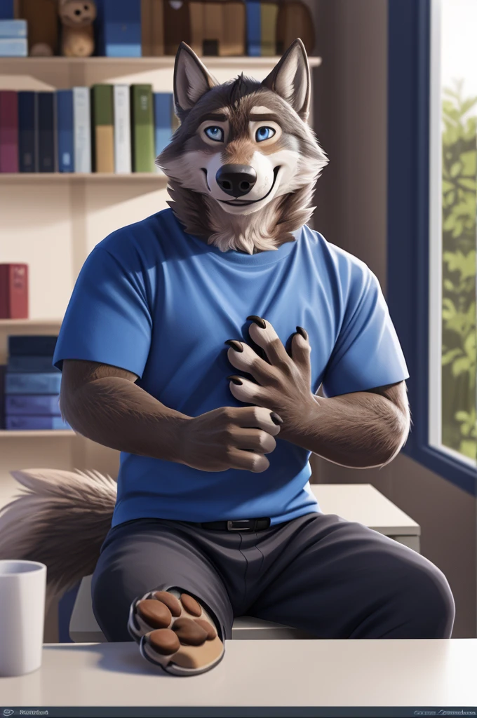 Larry (Zveropolis), wolf, Gray Fur, (brown body:1.3), beautiful blue eyes, Zveropolis, dressed, t-shirt,trousers,thick-soled sandals, observant,wolf, detailed fur, male, second, paw pads, finger claws, viewer, 5 fingers, paws, 4 toes,holding a shoehorn, 
BREAK from nextel, for dating, by xenoforge, (difficult, high detail,digital photography, soft focus, RAW, close to the camera, smile, positive, Good, mood, Houses, смотрит на viewer, очень close to the camera, in the shop,his wedding, marriage palace combination, 
Photorealism, realistic, photorealistic,digital style, Subsurface scattering,очень close to the camera кольцо на пальце руки, is sitting, 
masterpiece, Best quality, ultra realistic, 8 thousand.)