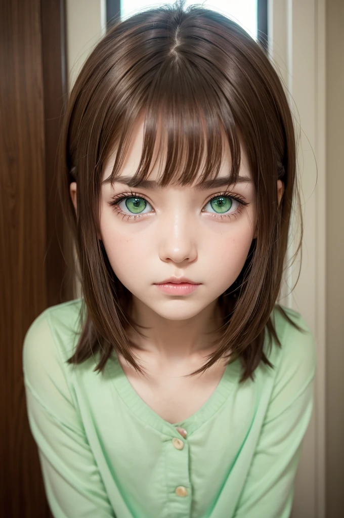 An Inside Out emotion from pixer with green eyes brown hair