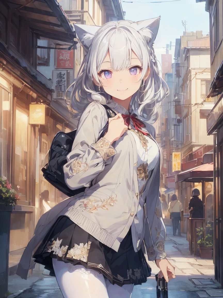 (((masterpiece))), (((Highest quality))), ((Very detailed)), ((Very detailedなイラスト)), ((Ultra-fine painting)), (16K Highest quality wallpaper:1.4), (Detailed and elaborate illustration style,:1.8) Detailed skin texture, High quality fabric, , (T-masterpiece), (Very detailedな顔:1.4), original, RAW Photos, Professional, Intricate details, Very detailed, Direct sunlight:1.6, ,(Cowboy Shot:1.9)、(Perfect Anatomy:1.4), (Extremely elaborate hands:1.2), (Very elaborate fingers:1.2), (Very elaborate fingers先:1.2),, (alone:1.6), (beautiful and adorable cat ears:1.6), (Intricate and delicate cat ears:1.4), (beautiful, Shiny white hair:1.6), (Very fine and delicate white hair:1.4),, (Very detailedな顔:1.4),(Light purple eyes:1.4),(smile:1.4),Art Nouveau, beautiful芸術, One girl, View your viewers, smile, Style your hair, Black Hair, very length hair, Blunt bangs, Hair Clip, Brown eyes, blazer, shirt, Red ribbon, Checked skirt, Black Pantyhose, city, Sophisticated, Organic Form, length, Torn, Art Nouveau style
