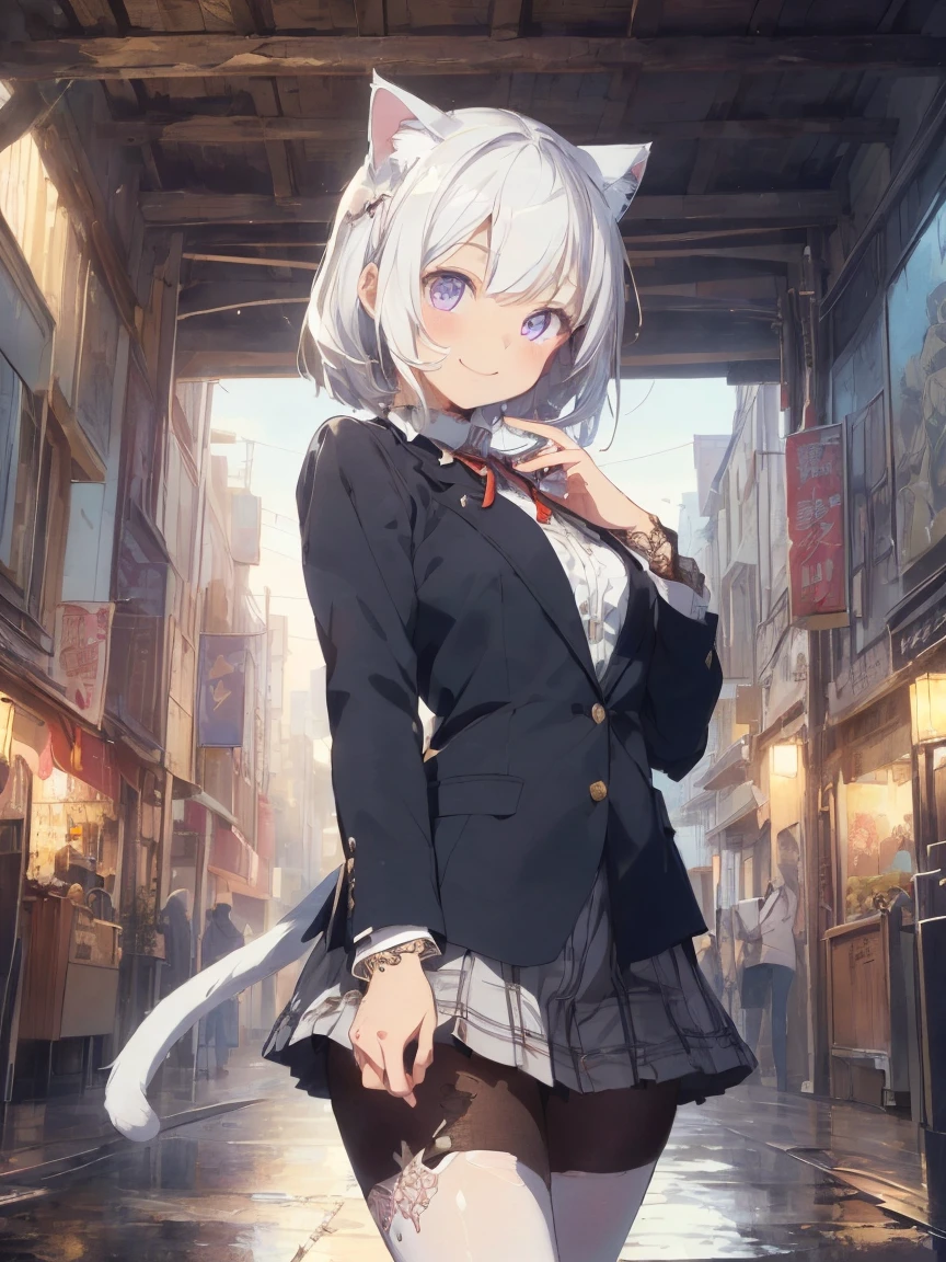 (((masterpiece))), (((Highest quality))), ((Very detailed)), ((Very detailedなイラスト)), ((Ultra-fine painting)), (16K Highest quality wallpaper:1.4), (Detailed and elaborate illustration style,:1.8) Detailed skin texture, High quality fabric, , (T-masterpiece), (Very detailedな顔:1.4), original, RAW Photos, Professional, Intricate details, Very detailed, Direct sunlight:1.6, ,(Cowboy Shot:1.9)、(Perfect Anatomy:1.4), (Extremely elaborate hands:1.2), (Very elaborate fingers:1.2), (Very elaborate fingers先:1.2),, (alone:1.6), (beautiful and adorable cat ears:1.6), (Intricate and delicate cat ears:1.4), (beautiful, Shiny white hair:1.6), (Very fine and delicate white hair:1.4),, (Very detailedな顔:1.4),(Light purple eyes:1.4),(smile:1.4),Art Nouveau, beautiful芸術, One girl, View your viewers, smile, Style your hair, Black Hair, very length hair, Blunt bangs, Hair Clip, Brown eyes, blazer, shirt, Red ribbon, Checked skirt, Black Pantyhose, city, Sophisticated, Organic Form, length, Torn, Art Nouveau style