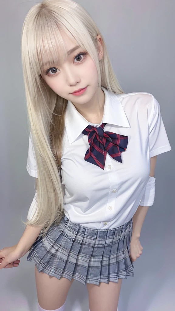 ( masterpiece, Highest quality), 98k, ((Perfect Anatomy:1.3)),Beautiful Japanese Woman, Succubus,alone, 18-year-old, Small face,Cute face:1.2,smile, Large breasts, ,Beautifully detailed round eyes, Evenly spaced 1.2, Long platinum blonde hair,Random Hair, (Highly detailed face and skin texture), Golden ratio beautiful face,White skin,Accentuate your beautiful legs,(Reveal school uniforms:1.2),Random sexy poses, Pure white background,(Stand like a model:1.3)