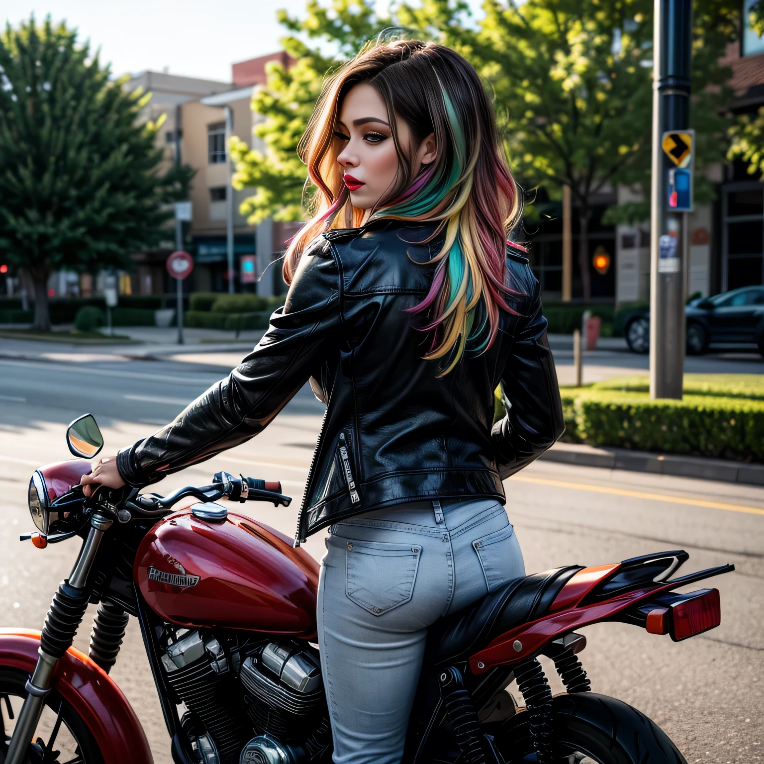 (masterpiece, photorealistic:1.4, extremely intricate:1.3, radiosity, photon mapping, dtx), ((20 year old athletic supermodel, ((25 years old), serious, long eyelashes, makeup:1.2), black leather coat, white leater pants, ((from behind, rear view)), red lips)), ((([skin detail:freckles:0.5], portrait))), outdoor, roadhouse parking lot, Motorcycle, faraway motorcycles, professional photograph, (((long curly [blonde hair:rainbow colored hair:0.1])), wind), BREAK ((intense sunlight, ((film grain))), bokeh), BREAK, ((([medium breasts:large breasts:0.7])))